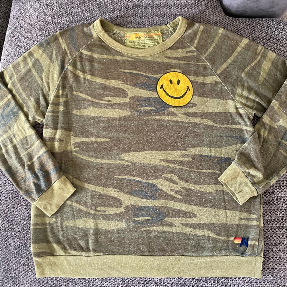 Aviator Nation Camo Smiley crewneck sweatshirt, sz L